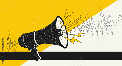 Retro style megaphone with sound waves and lightning bolts on an energetic yellow and black abstract background.