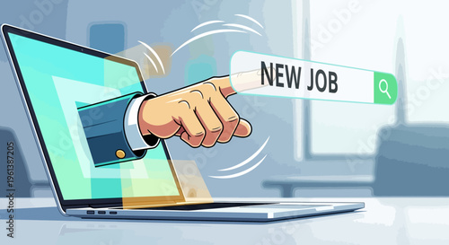 Human hand reaching out from a laptop screen to type "NEW JOB" into a search bar, representing online job searching and career opportunities in a modern office setting.