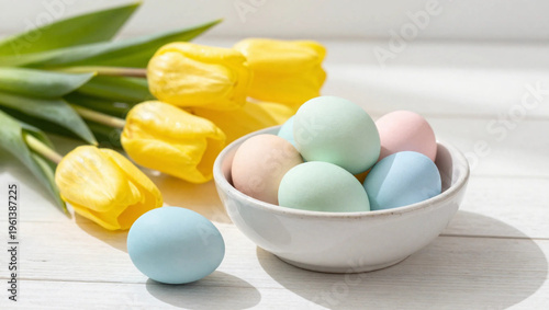 Bright Modern Easter Still Life with Pastel Eggs and Yellow Tulips