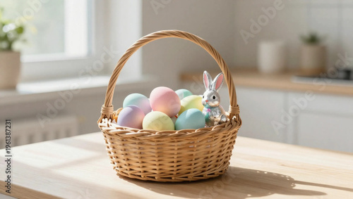 Cozy Easter Morning Scene with Basket of Painted Eggs and Chocolate Bunny