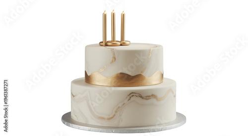 White and gold two- tiered birthday cake with candles two-tiered isolated on a transparent background