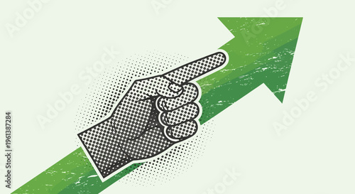 Human hand pointing upwards with a large green arrow indicating progress and direction, pop art style illustration on a light green background.