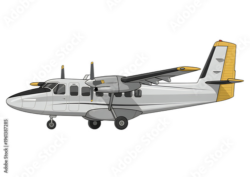 White and yellow airplane on black gray isolated on a transparent background