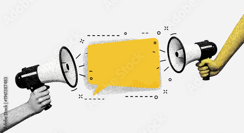 Two hands holding classic megaphones with an empty yellow speech bubble, pop art style communication illustration on an isolated white background.