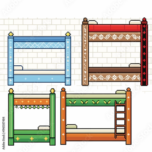 Pixel Art Bunk Beds Illustration with Ladder and Decorative Patterns on an Isolated White Background