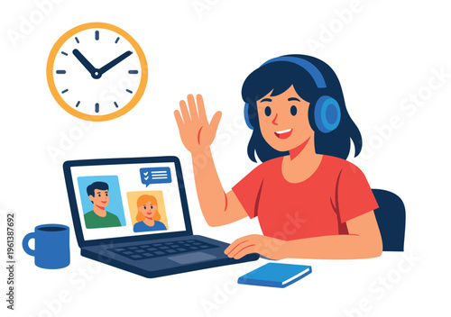 Woman wearing headphones participating in a video call with colleagues, waving a hand while working online remotely