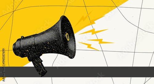 Pop art style hand holding a black megaphone with sound waves on a dynamic yellow and white abstract background, announcing news.