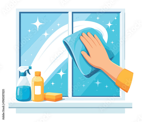 Wiping a window clean with a blue cleaning cloth and supplies to ensure hygiene and cleanliness in the household