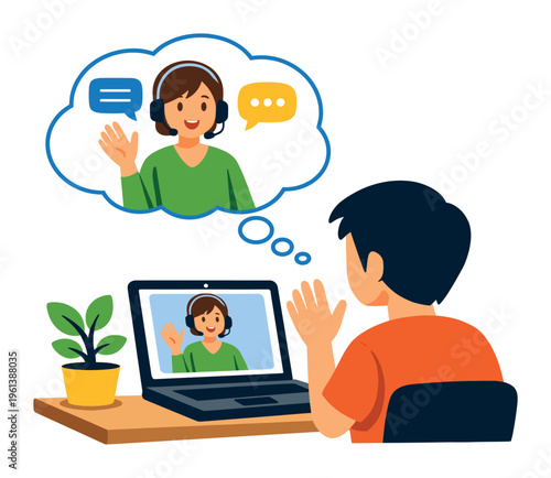 Person making a video call on laptop, communicating with a woman wearing a headset, representing online support and distance learning