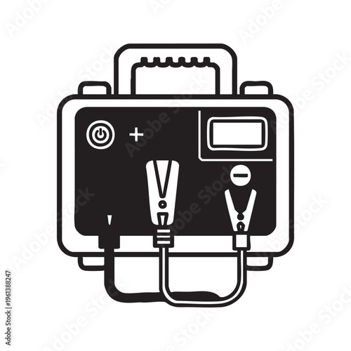 An illustration of a portable power pack with cables and a screen on a white background
