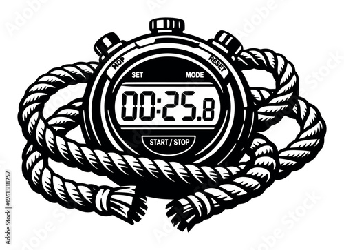 Stopwatch encased in a sturdy rope, symbolizing exercise, fitness challenges, sports, and keeping track of time
