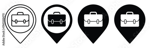 Map pin with briefcase icon, company and office geolocation symbol, business navigation and workplace mapping concept, simple flat design, vector illustration isolated on white.
