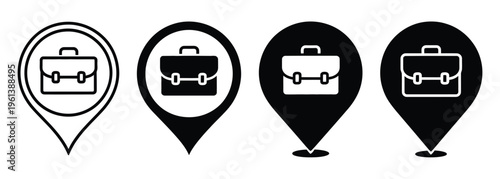 Map pin with briefcase icon, company office location, workplace navigation concept, business destination marker, corporate location symbol, minimal flat design, vector