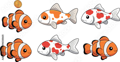 Cute aquarium fish set featuring clownfish and koi carp colorful aquatic animals cartoon vector illustration collection isolated