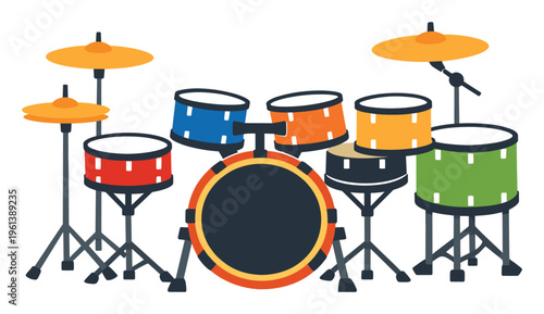 Illustrated drum kit showing various drums and cymbals in a vibrant, flat design, representing sound and music