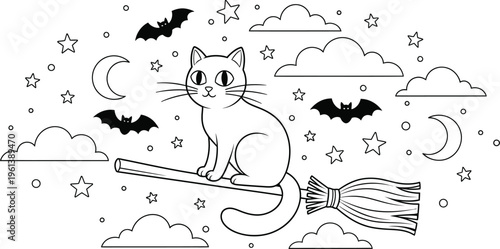 Halloween color page for kids black cat on broomstick with bats and moon