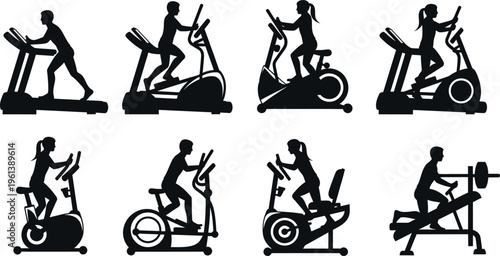 Silhouette of people exercising on various gym equipment isolated on transparent background