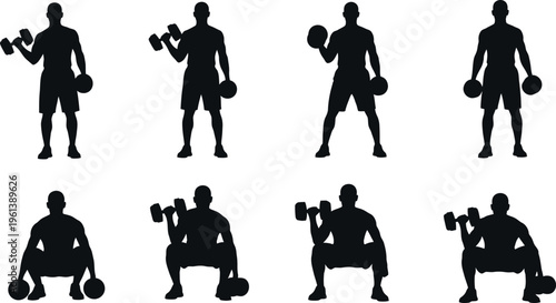 Silhouette of a man exercising with dumbbells isolated on transparent background