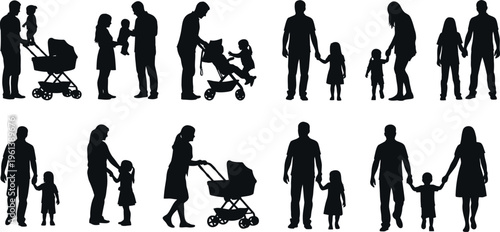 Silhouette of various family members and parents with children isolated on transparent background