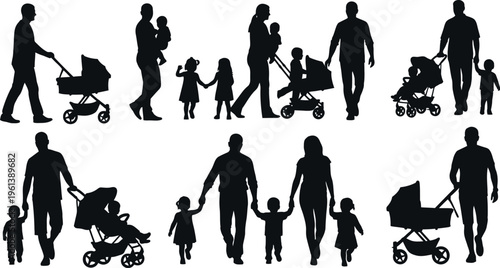 Silhouette of various family members isolated on transparent background with parents and children