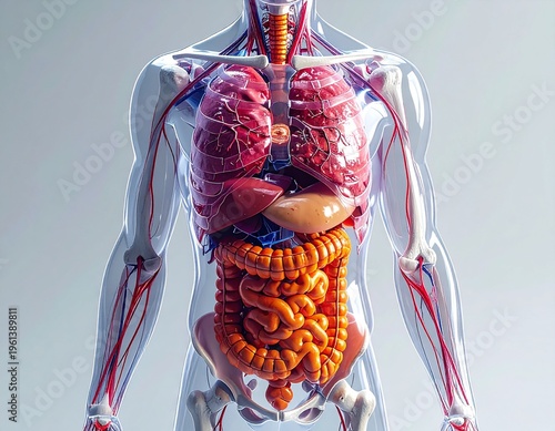 Detailed 3D render of the human internal organ system, illustrating vital anatomy including lungs, heart, liver, and intestines within a transparent body structure