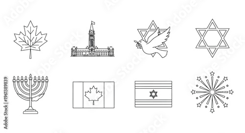 Line art depicting canadian and jewish symbols including flags and religious icons