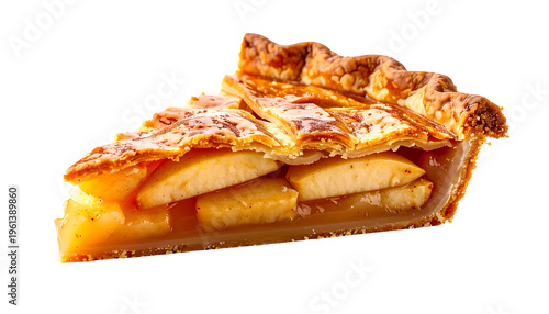 A slice of golden-crusted apple pie with visible filling and a lattice top crust