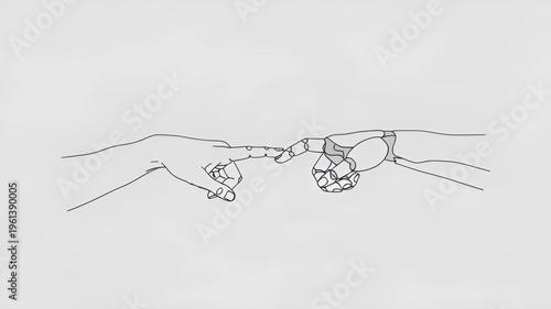 Hand of human and robotic hand connecting fingers. Line art of human-machine interaction and connection, representing digital faith and technology.