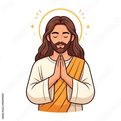 Jesus Christ character in a yellow robe and halo, showing devotion and quiet contemplation with hands joined in prayer