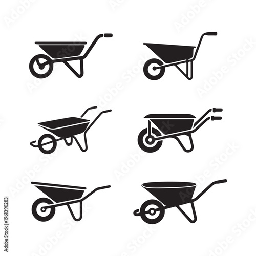 Set of garden wheelbarrow icons, isolated on a white background, flat design vector set
