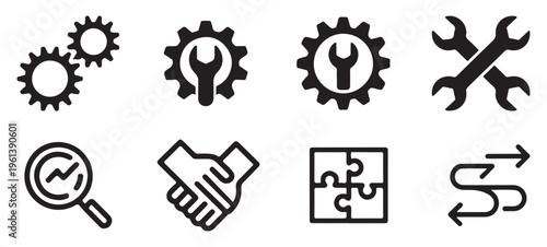 Business process and teamwork icons with gears and problem solving symbols. vector illustration eps 10