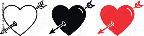Three hearts pierced by arrows in black white and red