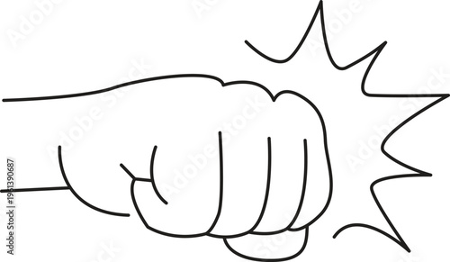 A simple line drawing depicts a fist impacting a burst of energy