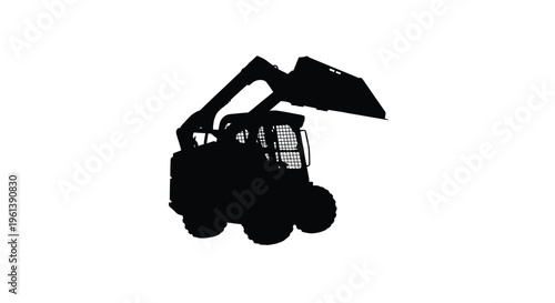 Black silhouette of a skid steer loader against a white background silhouette
