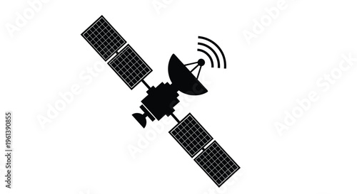 A black satellite with solar panels and antenna depicted as a silhouette