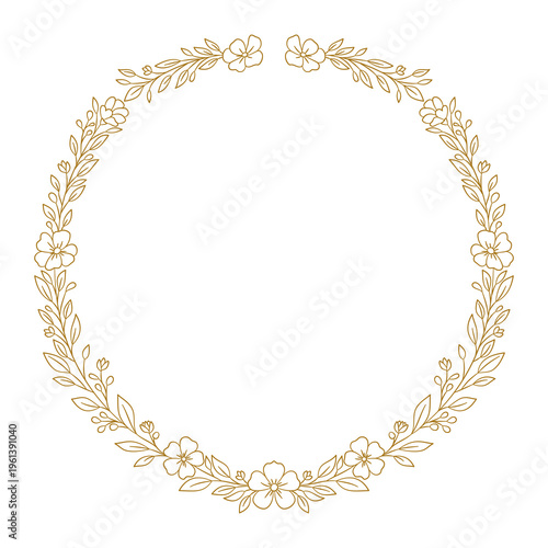 Elegancki złoty wianek z drobnymi kwiatkami, pąkami i liśćmi — ilustracja wektorowa w stylu line art. Lekka, delikatna okrągła ramka dekoracyjna z symetrycznie rozmieszczonymi drobnymi kwiatuszkami.