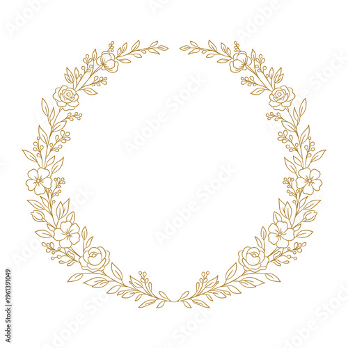 Elegancki złoty symetryczny wianek kwiatowy z różami, jagodami i liśćmi — ilustracja wektorowa w stylu line art.