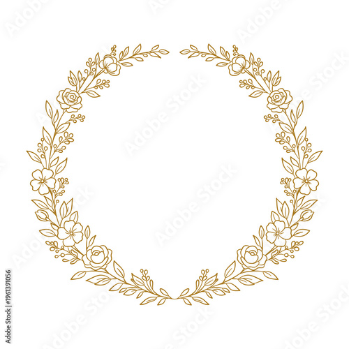 Elegancki złoty symetryczny wianek kwiatowy z różami, jagodami i liśćmi. Lekka, zwiewna okrągła ramka dekoracyjna z symetrycznie rozmieszczonymi kwiatami.
