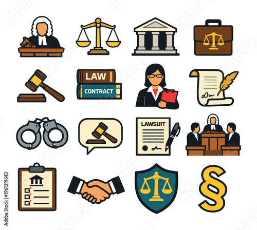 Collection of flat vector icons showcasing various legal service concepts such as judgment, lawsuit, legislation, and agreement
