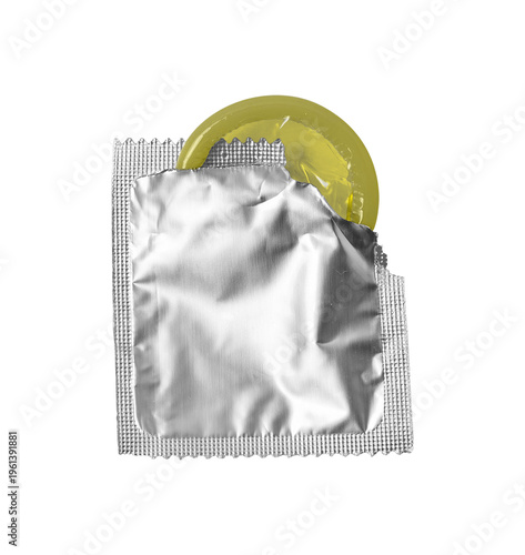 Opened Yellow Condom in Silver Wrapper Isolated PNG