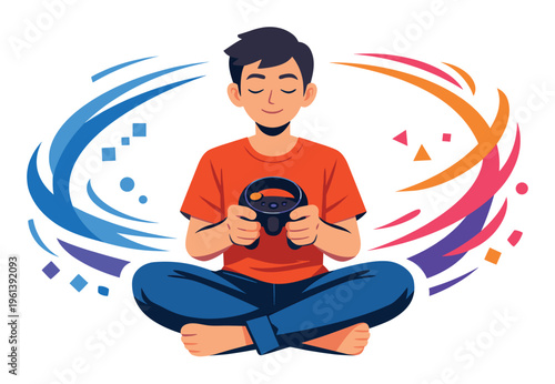 Person sits cross-legged, absorbed in a video game, holding a gaming controller as they engage with digital elements in their surroundings