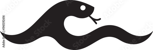Black silhouette of a wavy sea serpent swimming on white background with one eye and tongue out