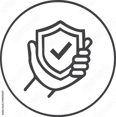 Minimal black and white app style icon of a hand holding a shield with a checkmark