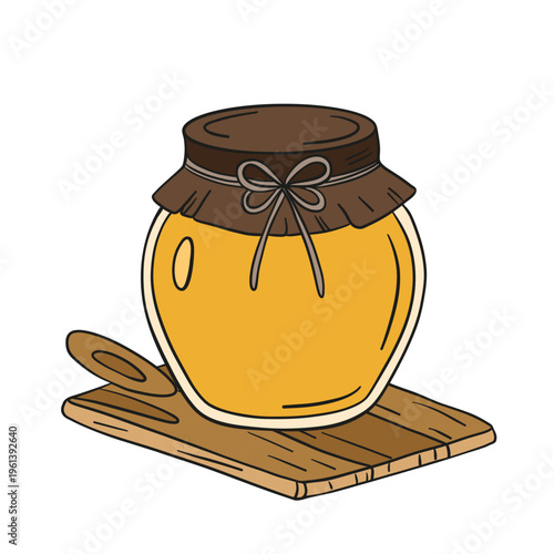 Hand-drawn illustration of a jar filled with rich golden  honey drips, honeycomb, and bees. Warm and appetizing composition highlighting natural sweetness and organic quality 