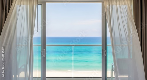 Ocean view from a room clear sliding doors, sheer curtains frame turquoise sea & blue sky