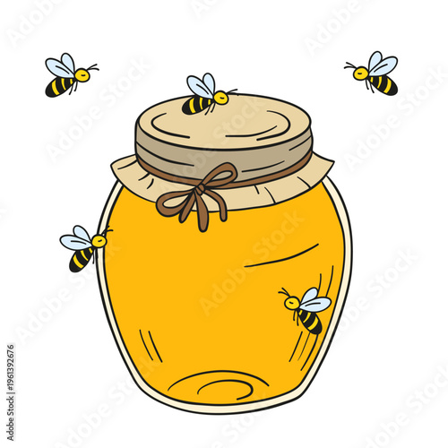 Hand-drawn illustration of a jar filled with rich golden  honey drips, honeycomb, and bees. Warm and appetizing composition highlighting natural sweetness and organic quality 