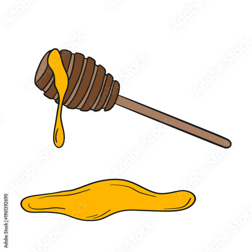 Hand-drawn illustration of a jar filled with rich golden  honey drips, honeycomb, and bees. Warm and appetizing composition highlighting natural sweetness and organic quality 