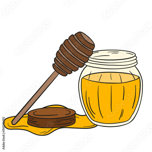 Hand-drawn illustration of a jar filled with rich golden  honey drips, honeycomb, and bees. Warm and appetizing composition highlighting natural sweetness and organic quality 