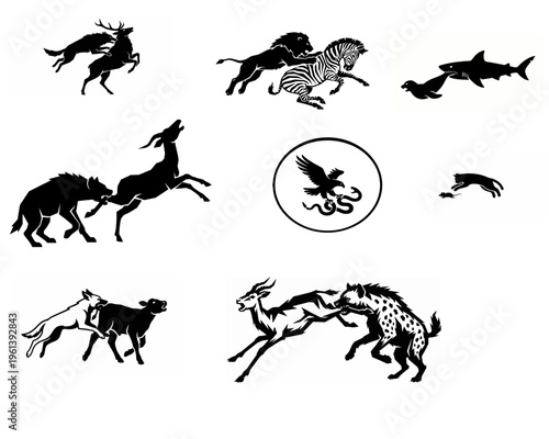 Minimalist black and white vector silhouette illustration depicting the raw interaction between a predator and its prey, highlighting the natural survival instincts and the circle of life in wildlife.