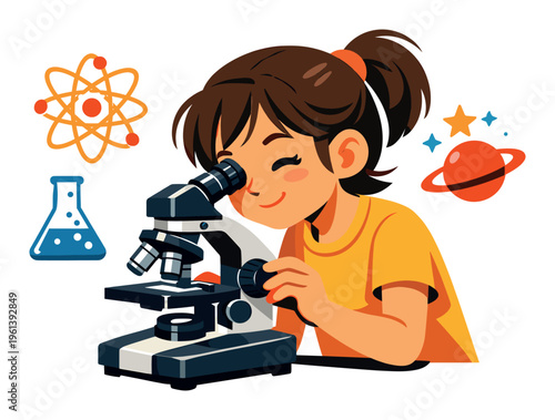 Young girl exploring scientific concepts with a microscope in a depiction of youthful discovery, exploration, and educational growth